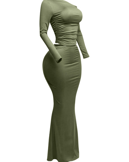 One side off shoulder long sleeve top & maxi skirt set - Muvin 
