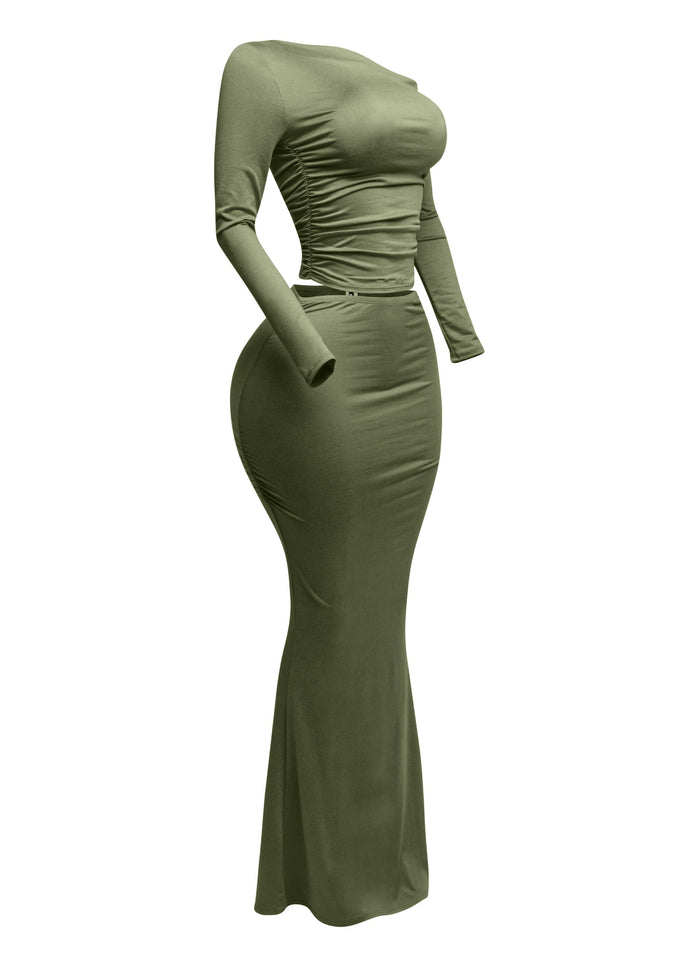 One side off shoulder long sleeve top & maxi skirt set - Muvin 