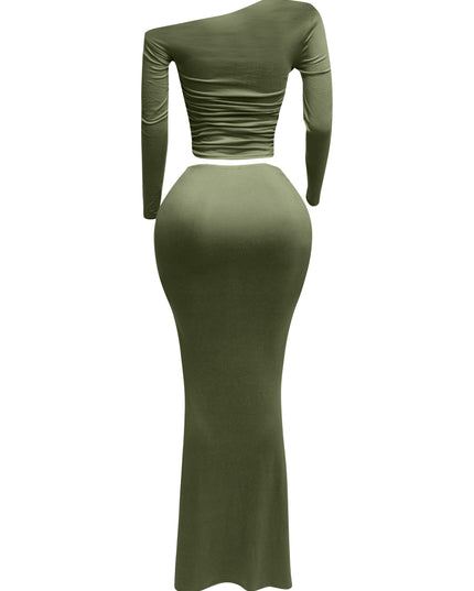 One side off shoulder long sleeve top & maxi skirt set - Muvin 