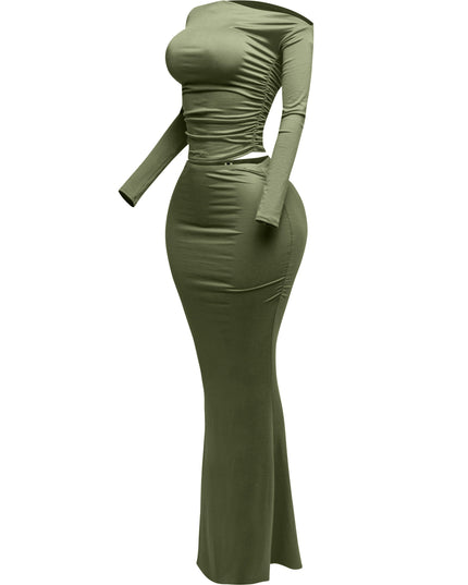One side off shoulder long sleeve top & maxi skirt set - Muvin 