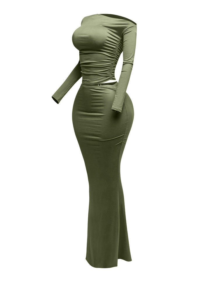 One side off shoulder long sleeve top & maxi skirt set - Muvin 