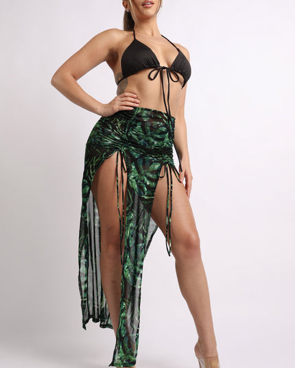 Printed mesh skirt cover up set with double slit - Muvin 