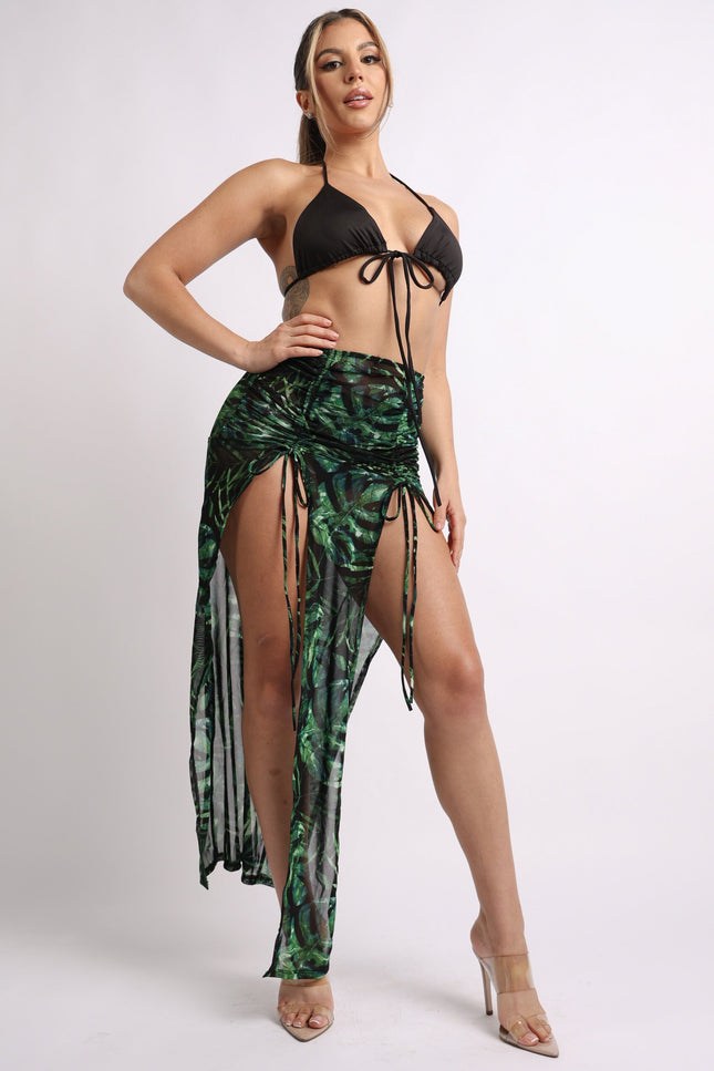 Printed mesh skirt cover up set with double slit - Muvin 