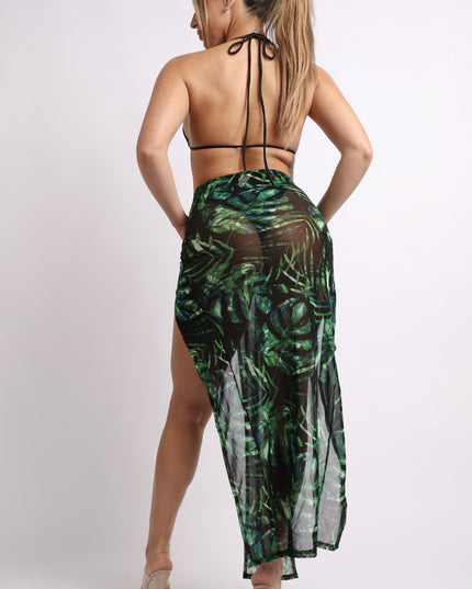 Printed mesh skirt cover up set with double slit - Muvin 