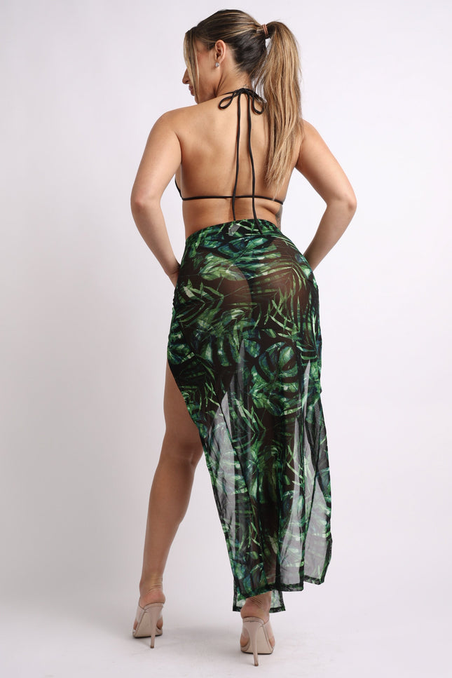 Printed mesh skirt cover up set with double slit - Muvin 
