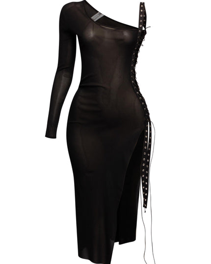 Sheer black one sleeve mesh midi dress with asymmetrical neckline and stretch slim fit for night out styling