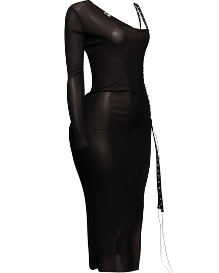  After party mesh dress with high lace-up side slit, grommet tie accents, and see-through black fabric