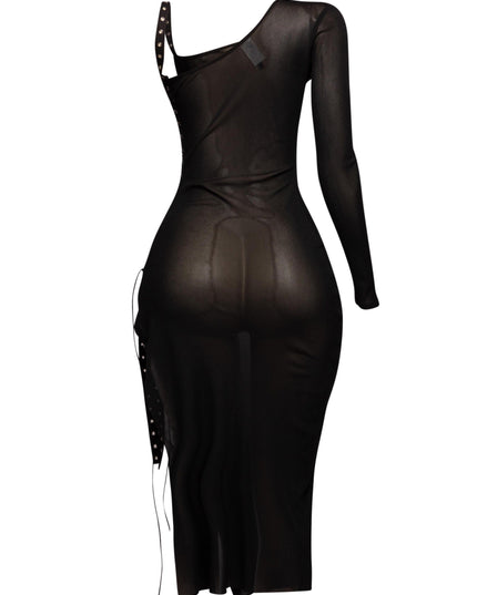 Black sheer asymmetrical bodycon midi with curve-hugging fit and bold drawstring detailing for edgy glam looks