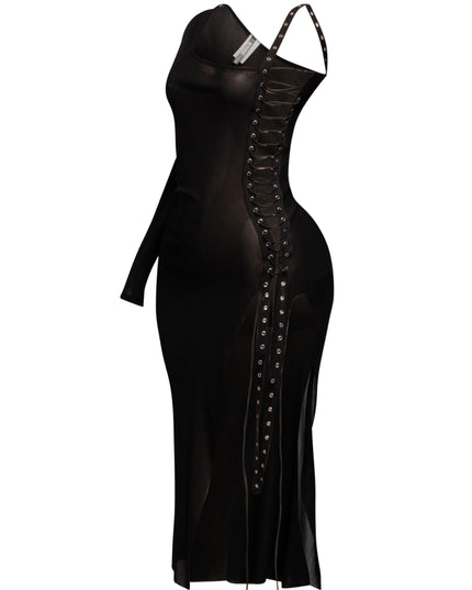  Back view of sheer mesh black midi dress with one long sleeve, sculpted silhouette, and risqué party-ready design