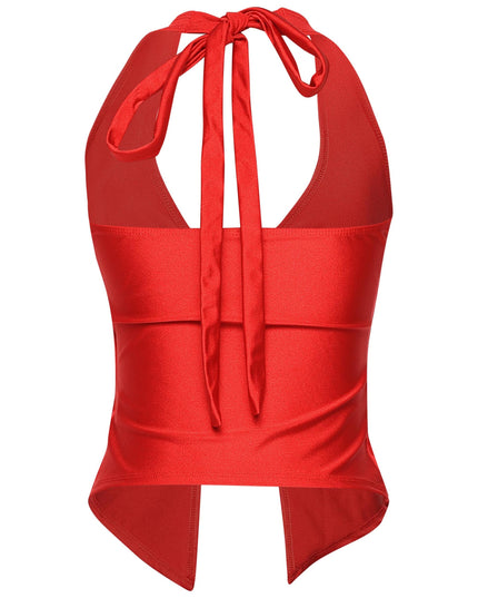 • Red form-fitting top with halter neck tie and flirty twisted front
