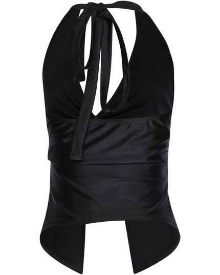 • Trendy black Y2K top with high-shine finish and knotted neckline

