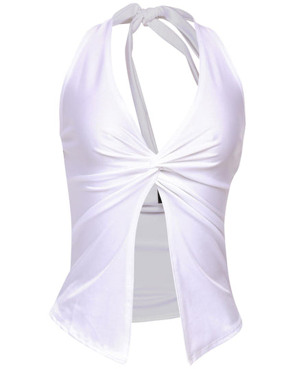 White halter top with front knot detail and split hem, styled for summer nights