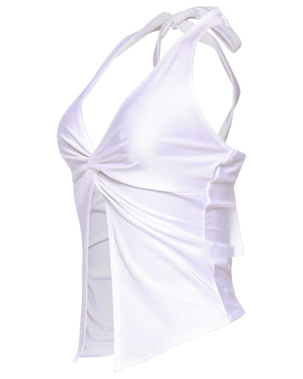 White deep v halter top with sheen fabric and Y2K open front cut