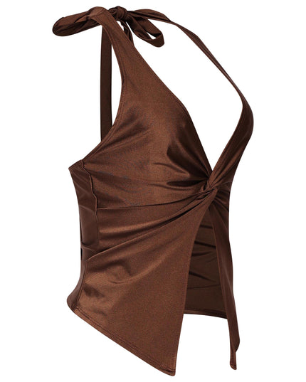 Chocolate brown crop halter with front slit and plunge neckline
