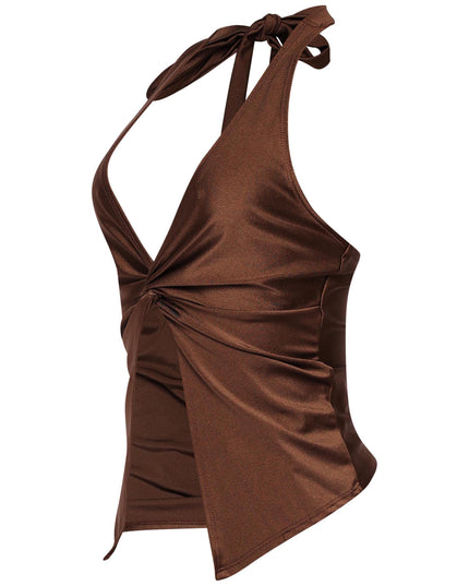 Brown fitted top with soft sheen and tied back neck for date night style
