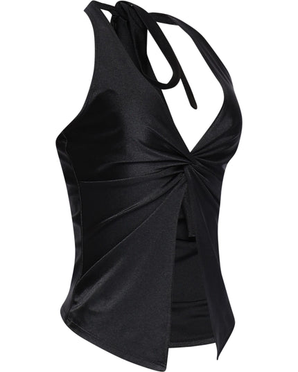 Sleek black sleeveless crop with plunge front and tie-back detail