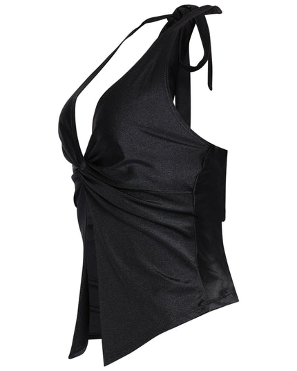  Black fitted halter top with soft shine and cutout twist front