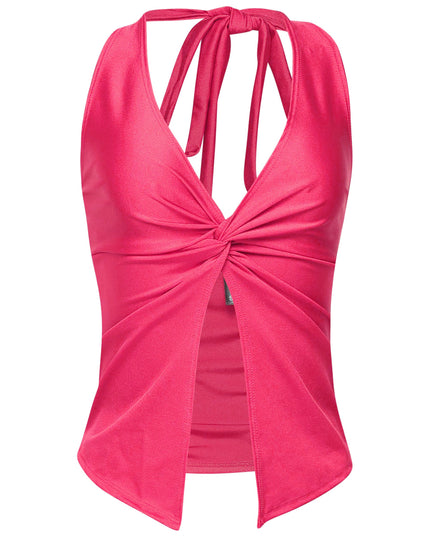 Hot pink halter crop top with sexy twist detail and Y2K split hem