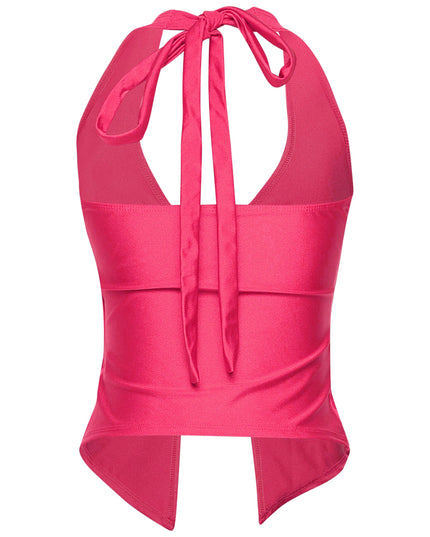 Barbiecore pink crop top with sleek shine and twist-front drama