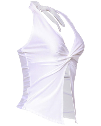 White sleeveless satin top with twist front, close fit and tied neck