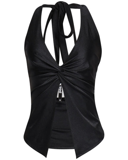Black halter top with center twist and open hemline in sleek satin stretch
