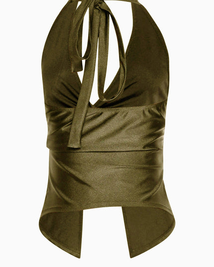 Olive sheen crop with tied neck and twist front for an elevated vibe