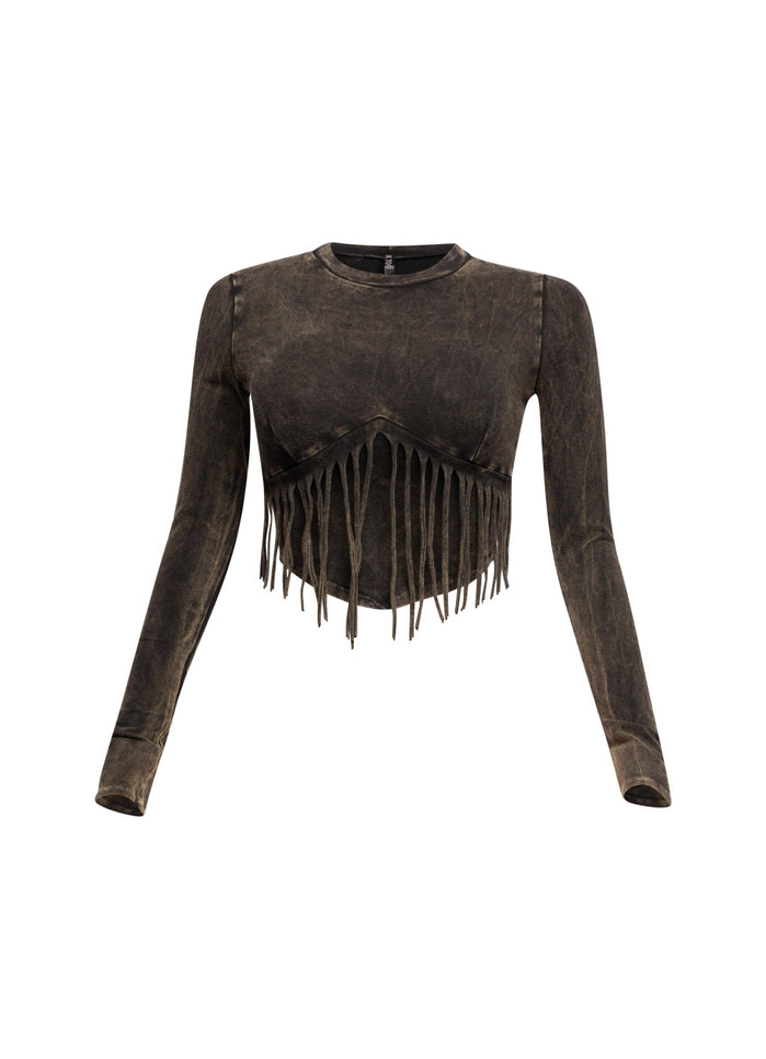 Mineral washed fringe front detailed long sleeve top - Muvin 
