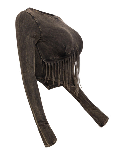 Mineral washed fringe front detailed long sleeve top - Muvin 