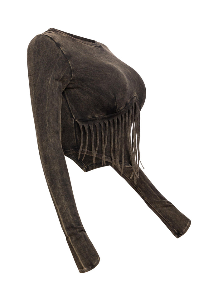 Mineral washed fringe front detailed long sleeve top - Muvin 