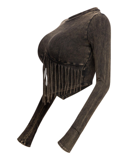 Mineral washed fringe front detailed long sleeve top - Muvin 