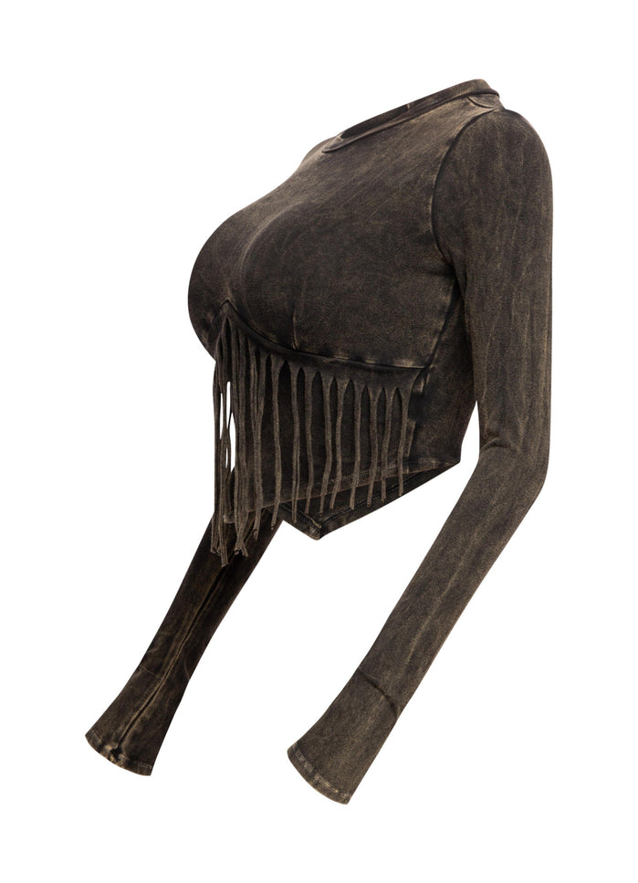 Mineral washed fringe front detailed long sleeve top - Muvin 