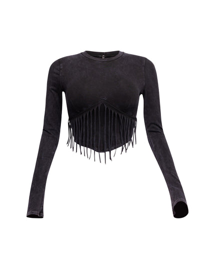 Mineral washed fringe front detailed long sleeve top - Muvin 