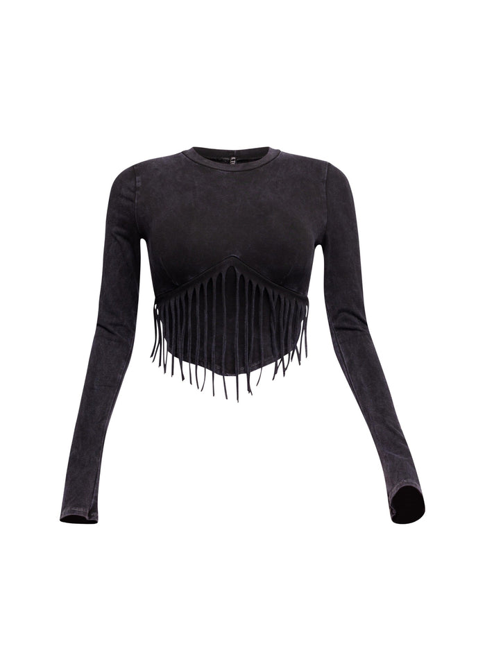 Mineral washed fringe front detailed long sleeve top - Muvin 
