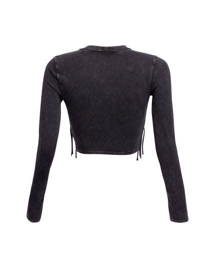 Mineral washed fringe front detailed long sleeve top - Muvin 
