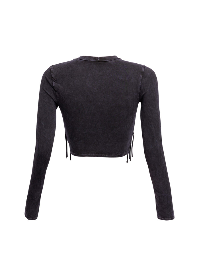 Mineral washed fringe front detailed long sleeve top - Muvin 