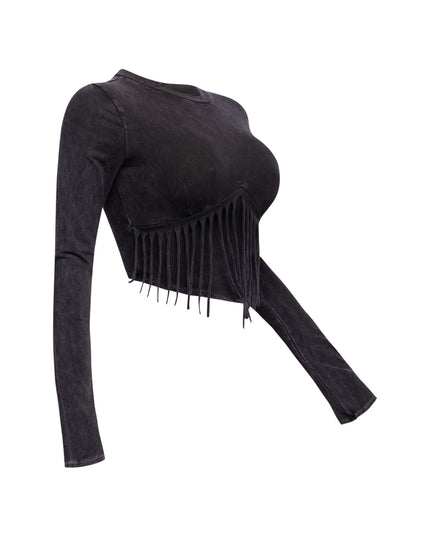 Mineral washed fringe front detailed long sleeve top - Muvin 