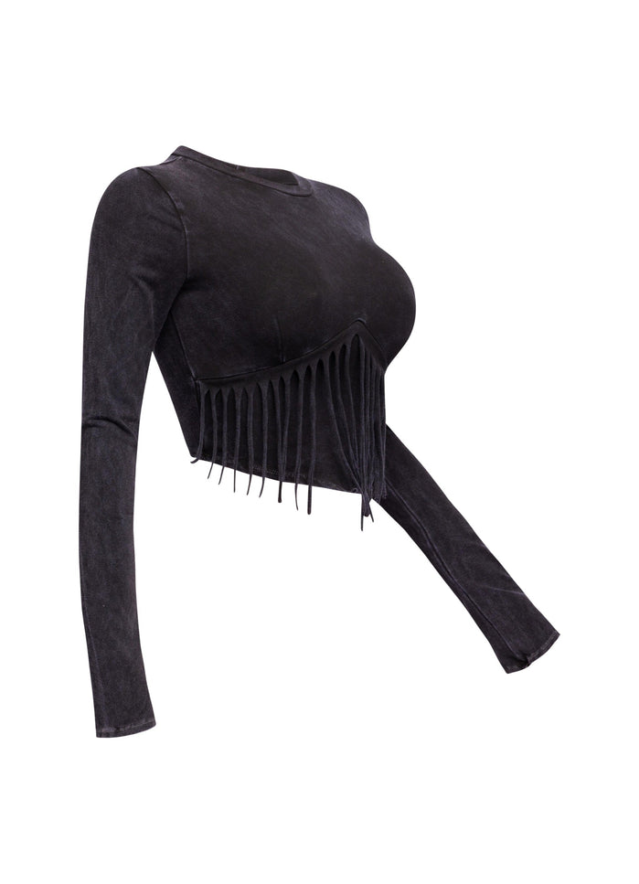 Mineral washed fringe front detailed long sleeve top - Muvin 
