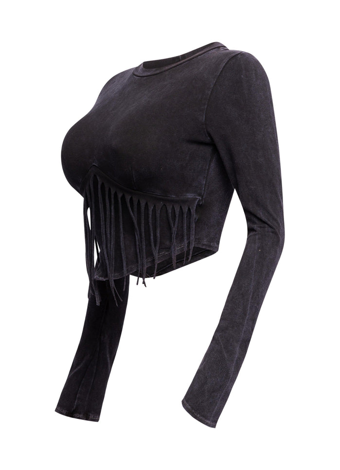 Mineral washed fringe front detailed long sleeve top - Muvin 