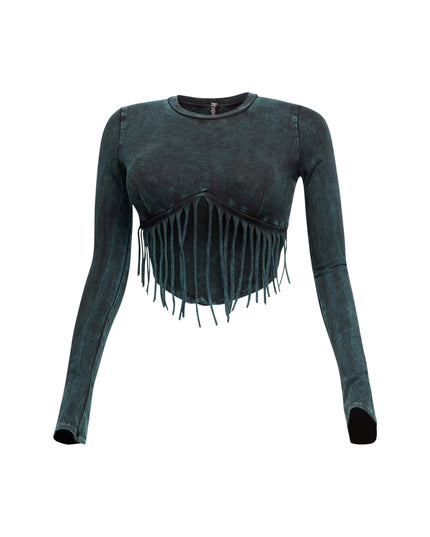 Mineral washed fringe front detailed long sleeve top - Muvin 