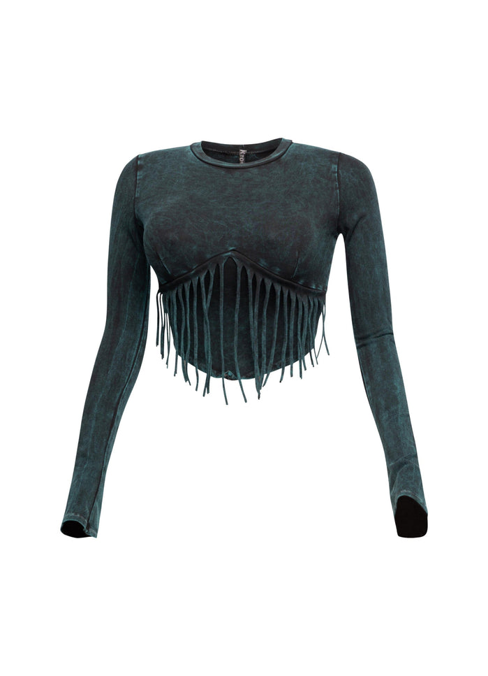 Mineral washed fringe front detailed long sleeve top - Muvin 