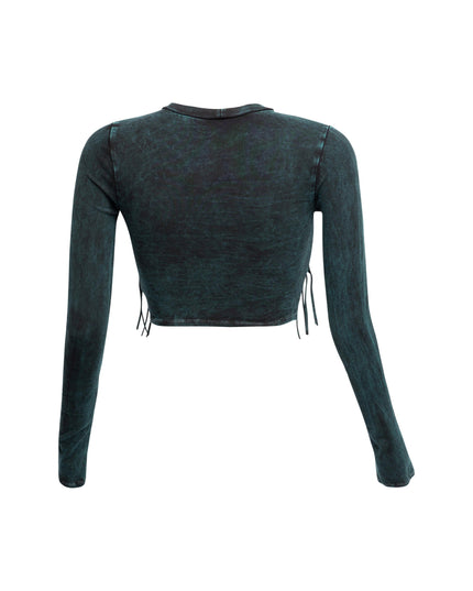Mineral washed fringe front detailed long sleeve top - Muvin 