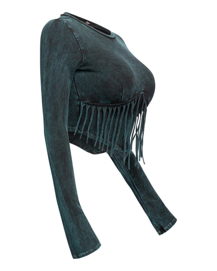 Mineral washed fringe front detailed long sleeve top - Muvin 