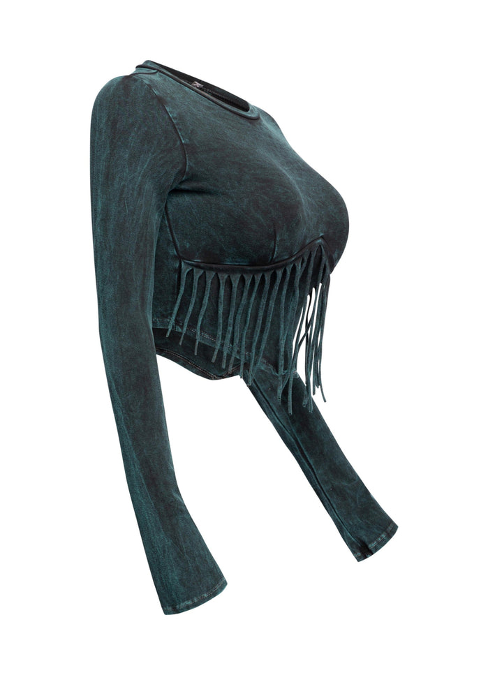 Mineral washed fringe front detailed long sleeve top - Muvin 