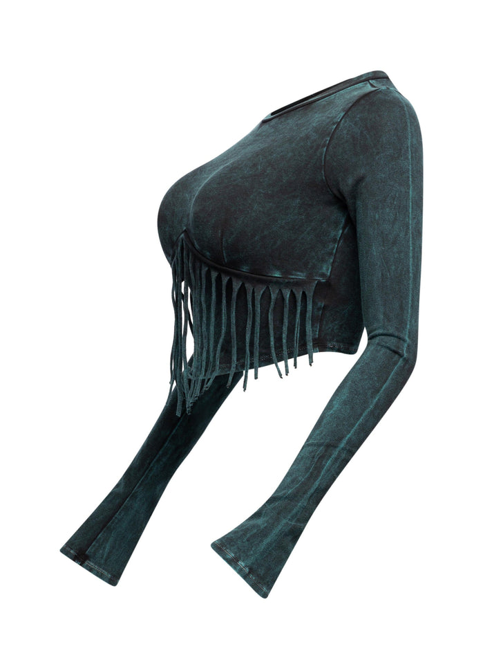 Mineral washed fringe front detailed long sleeve top - Muvin 