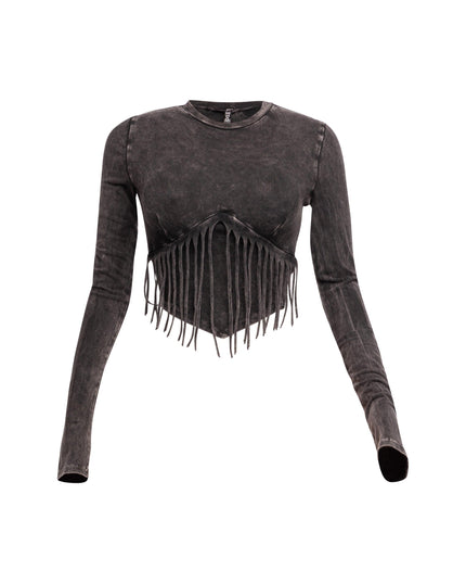 Mineral washed fringe front detailed long sleeve top - Muvin 