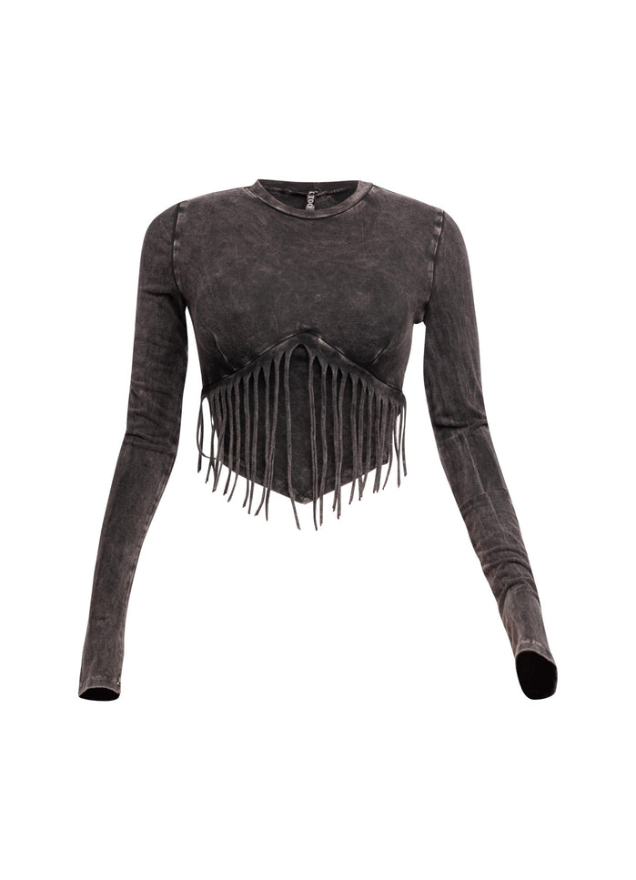 Mineral washed fringe front detailed long sleeve top - Muvin 
