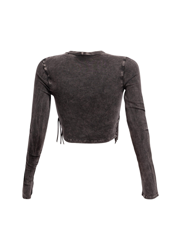 Mineral washed fringe front detailed long sleeve top - Muvin 