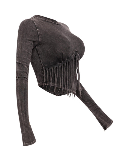 Mineral washed fringe front detailed long sleeve top - Muvin 