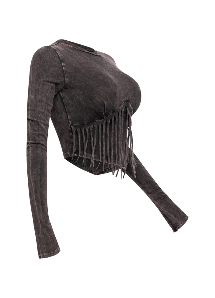 Mineral washed fringe front detailed long sleeve top - Muvin 