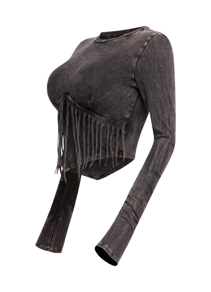 Mineral washed fringe front detailed long sleeve top - Muvin 